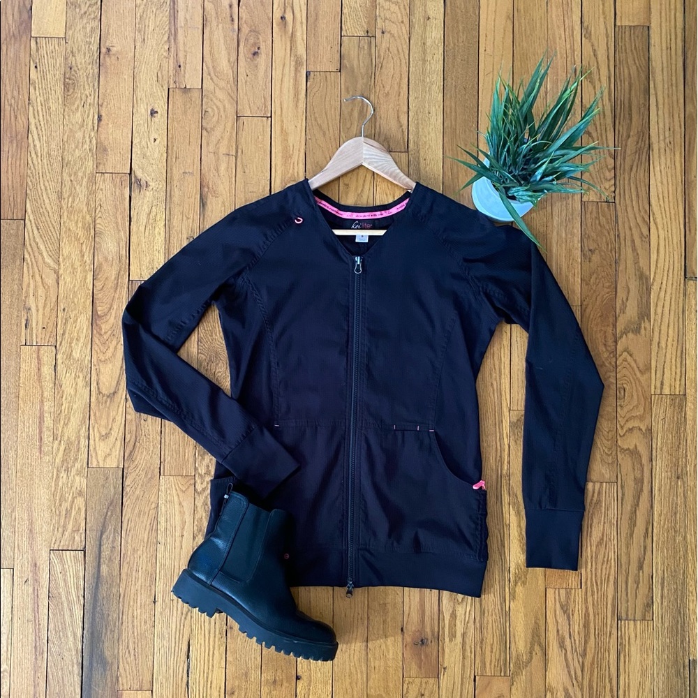 Koi Lite zip-up light weight scrub jacket. Black. Size small. Used.